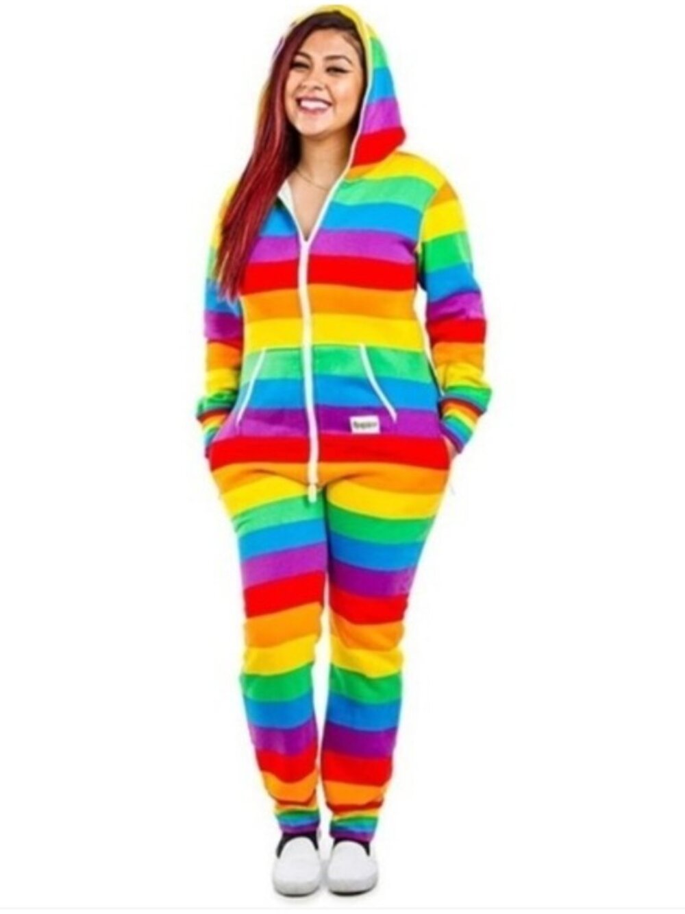 Tipsy Elves Full Zip Rainbow Stripe One-Piece Hooded Jumpsuit New XL Unisex